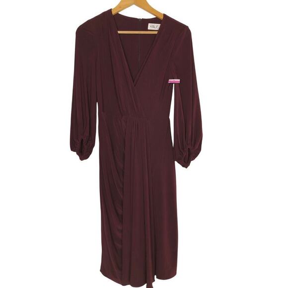 Eliza J Faux Wrap Dress Pleated Ruched 3/4 Sleeve Knee Length Sheath Wine Red 2 - Picture 4 of 8
